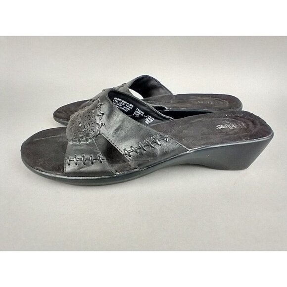 Cobbie Cuddlers Women's 10 Black Leather Wedge Heel Slides Sandals - Picture 3 of 9